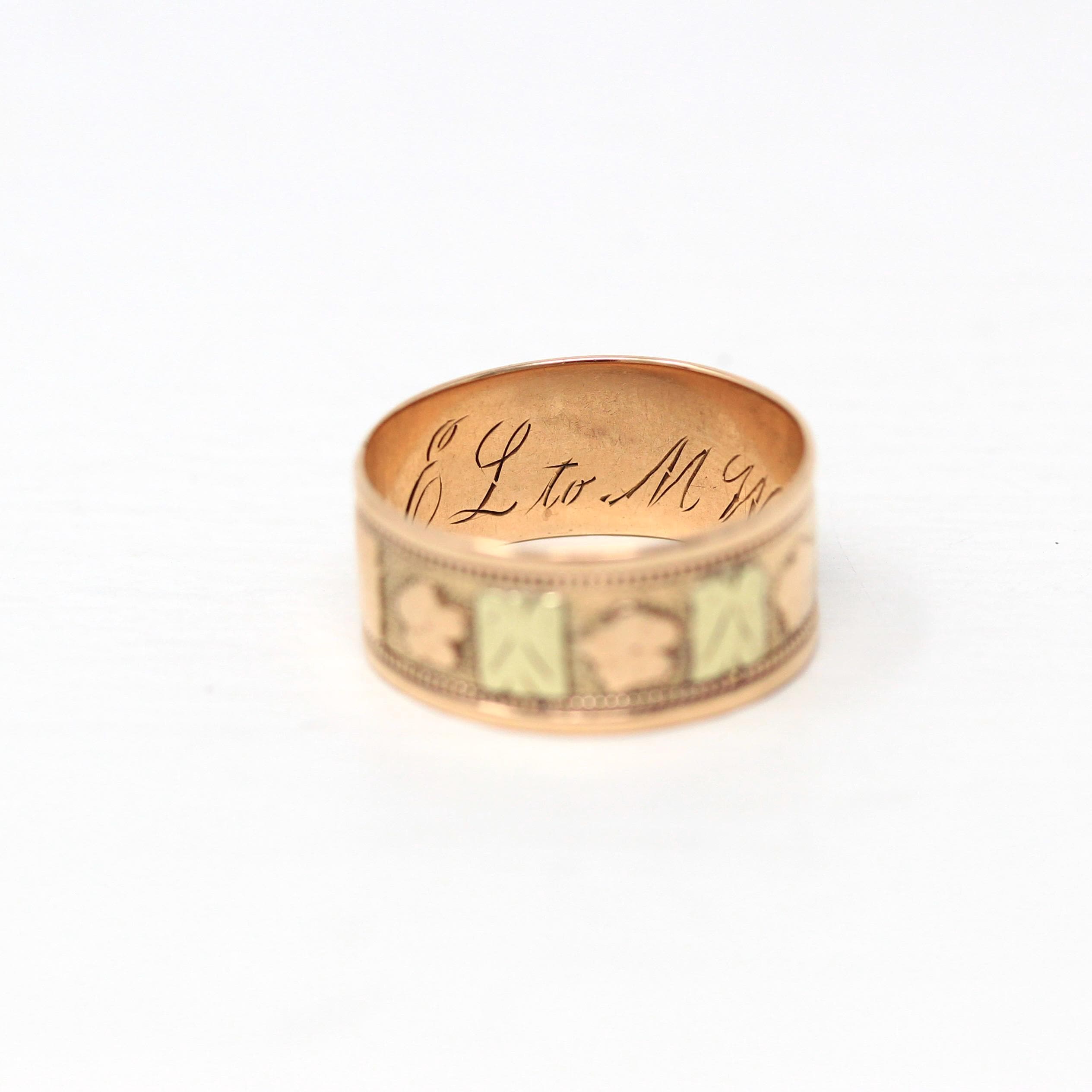 Antique Cigar Band - Edwardian 10k Rose & Yellow Gold Nature Inspired Designs Wide Ring - Vintage Circa 1900s Size 7 Fine Statement Jewelry