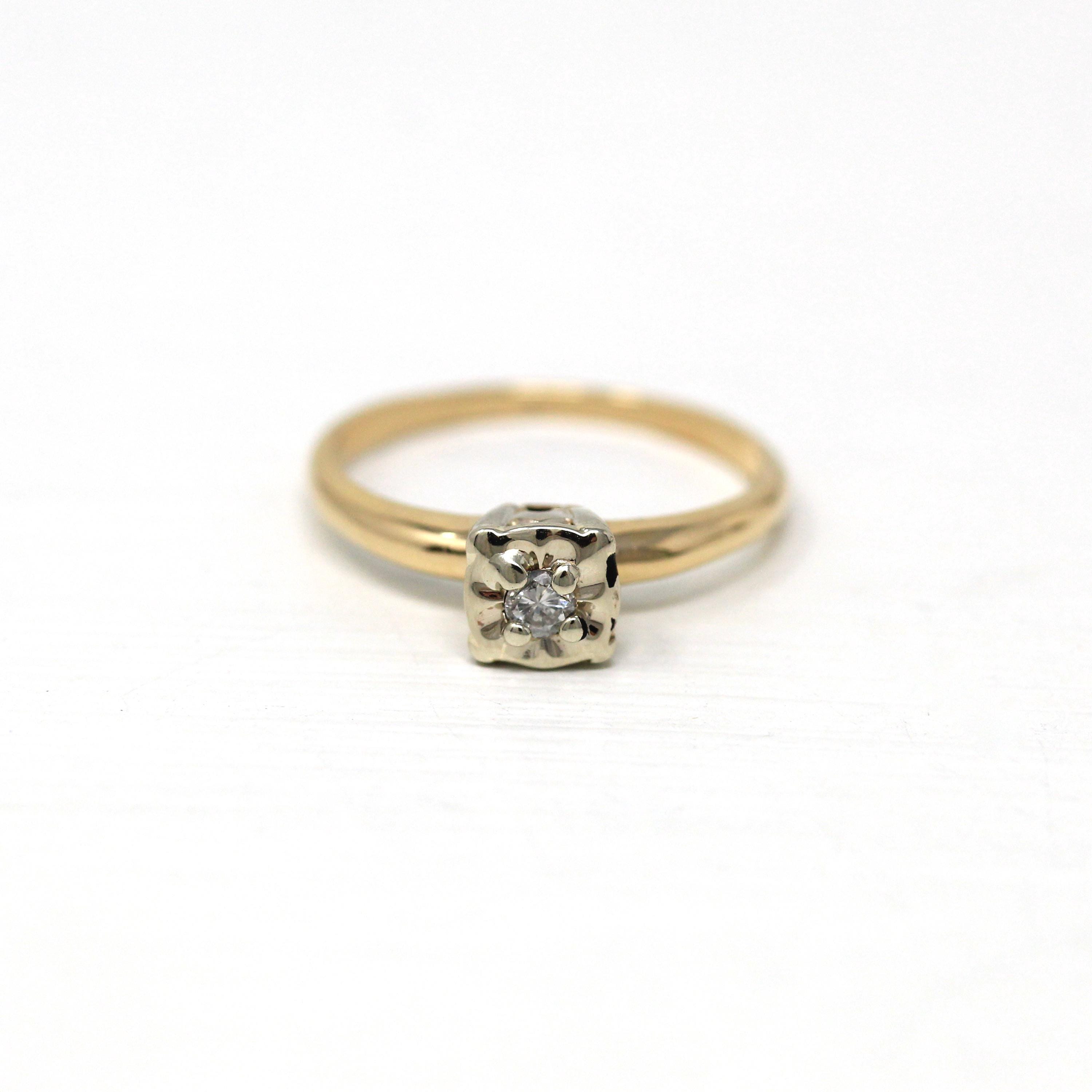 Vintage Diamond Ring - 14k Yellow White Gold Round .05 CT Solitaire Engagement - Size 5.5 Retro 1940s Era Illusion Head Fine Flower Jewelry