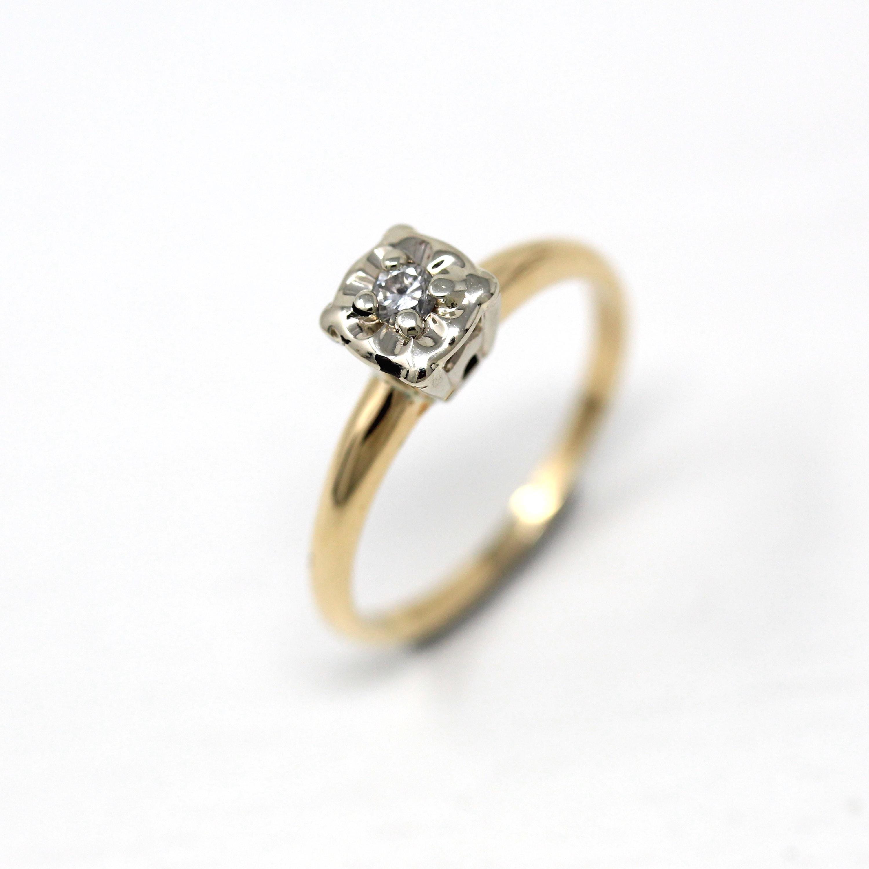 Vintage Diamond Ring - 14k Yellow White Gold Round .05 CT Solitaire Engagement - Size 5.5 Retro 1940s Era Illusion Head Fine Flower Jewelry