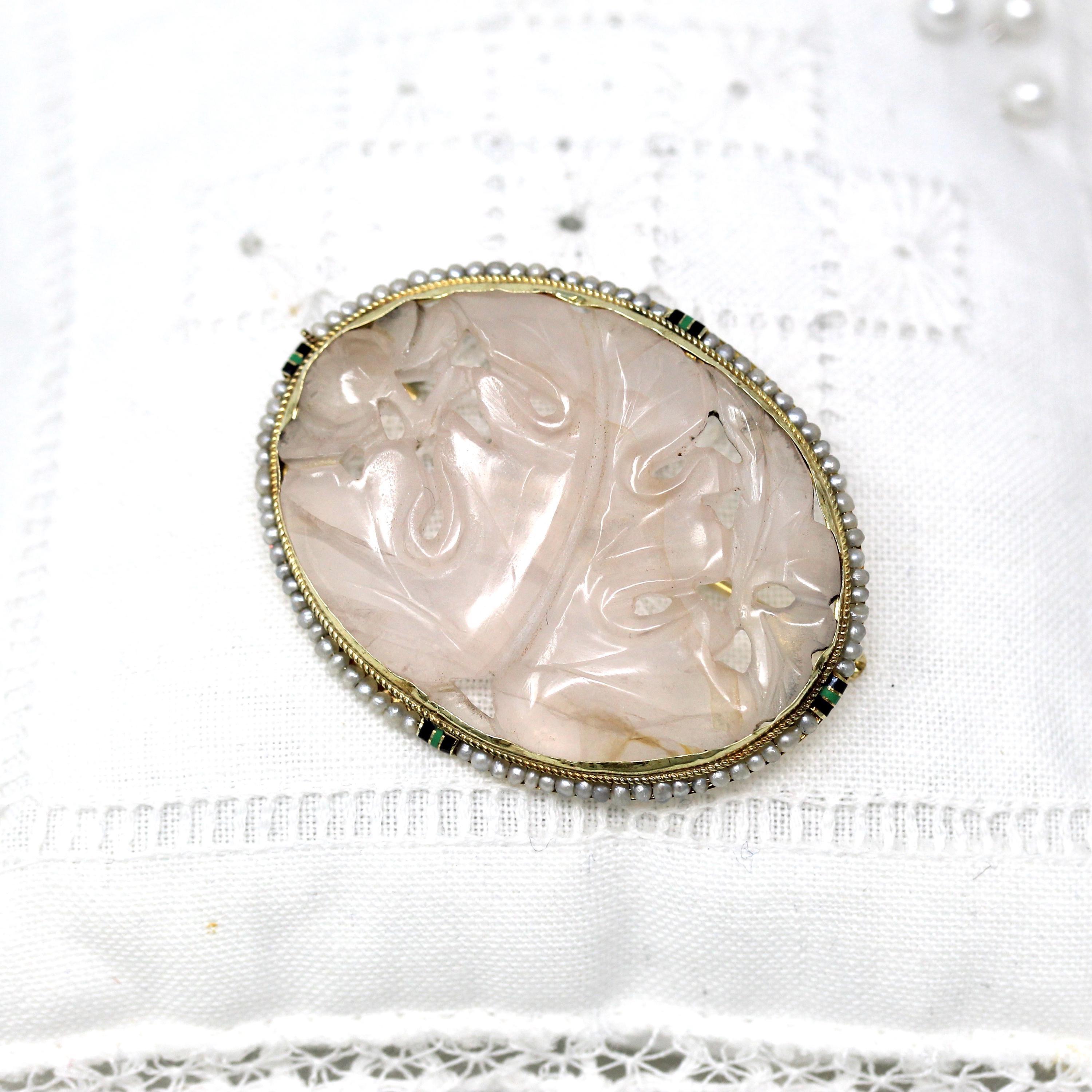 Art Deco Brooch - Antique 14k Yellow Gold Carved Rose Quartz & Seed Pearl Halo Pin - Circa 1920s Black Enamel 20s Walter Lampl Fine Jewelry