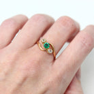 Three Stone Ring - Antique Edwardian 18k Yellow Gold Diamond & Simulated Emerald Bypass - Size 7 3/4 Vintage Circa 1910s Era Fine Jewelry