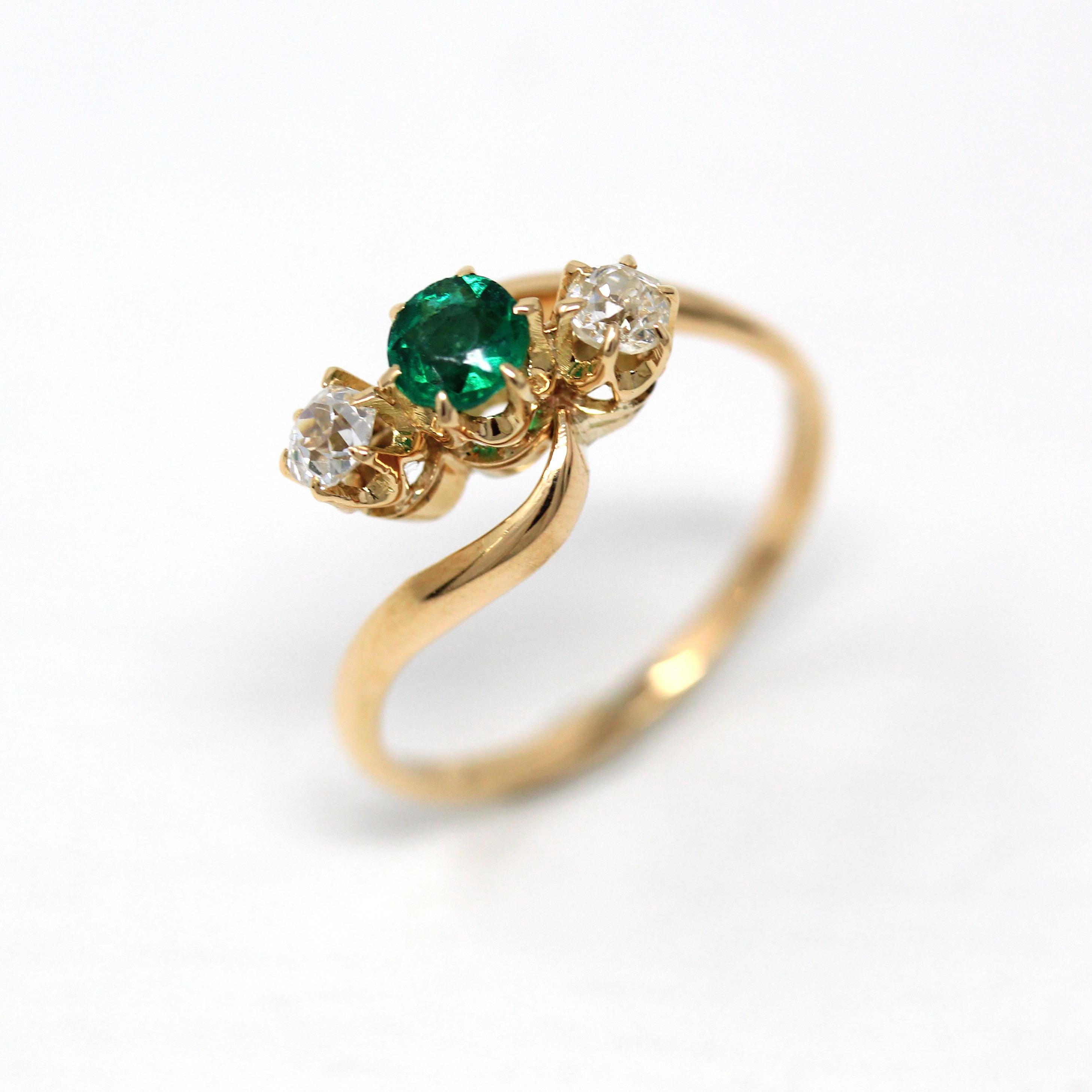 Three Stone Ring - Antique Edwardian 18k Yellow Gold Diamond & Simulated Emerald Bypass - Size 7 3/4 Vintage Circa 1910s Era Fine Jewelry