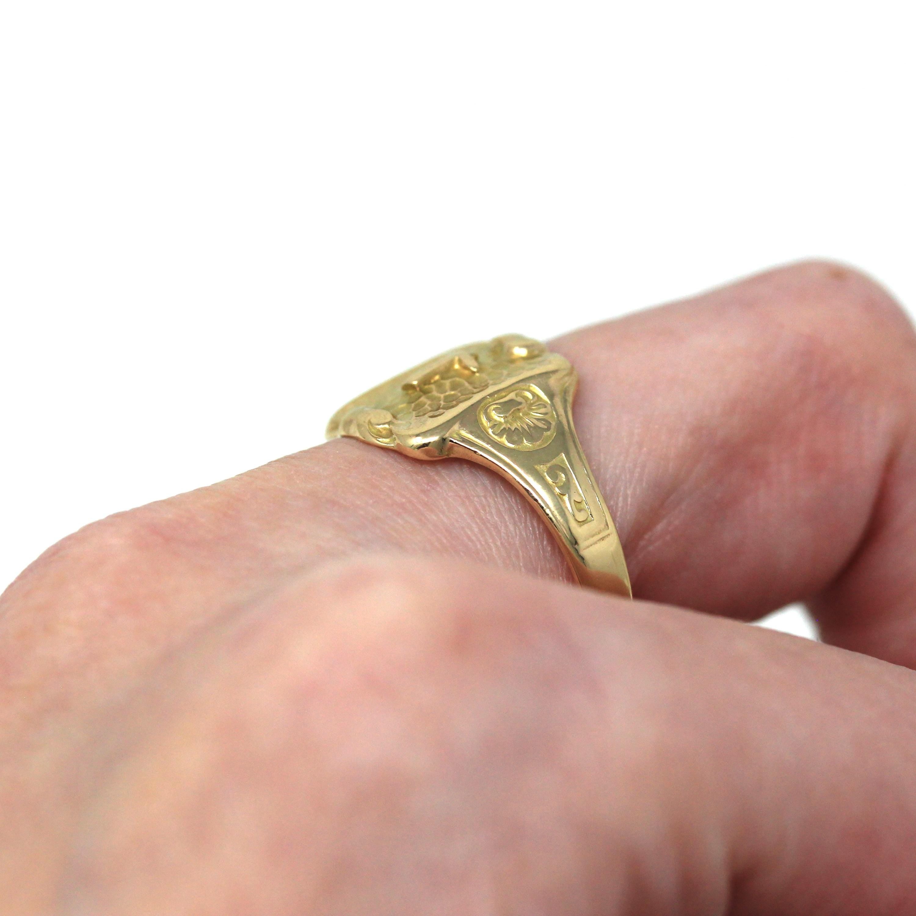 Letter "T" Ring - Art Deco 14k Yellow Gold Initials Scroll Flower Signet - Vintage Circa 1930s Size 10.25 Statement J.R. Wood Fine Jewelry