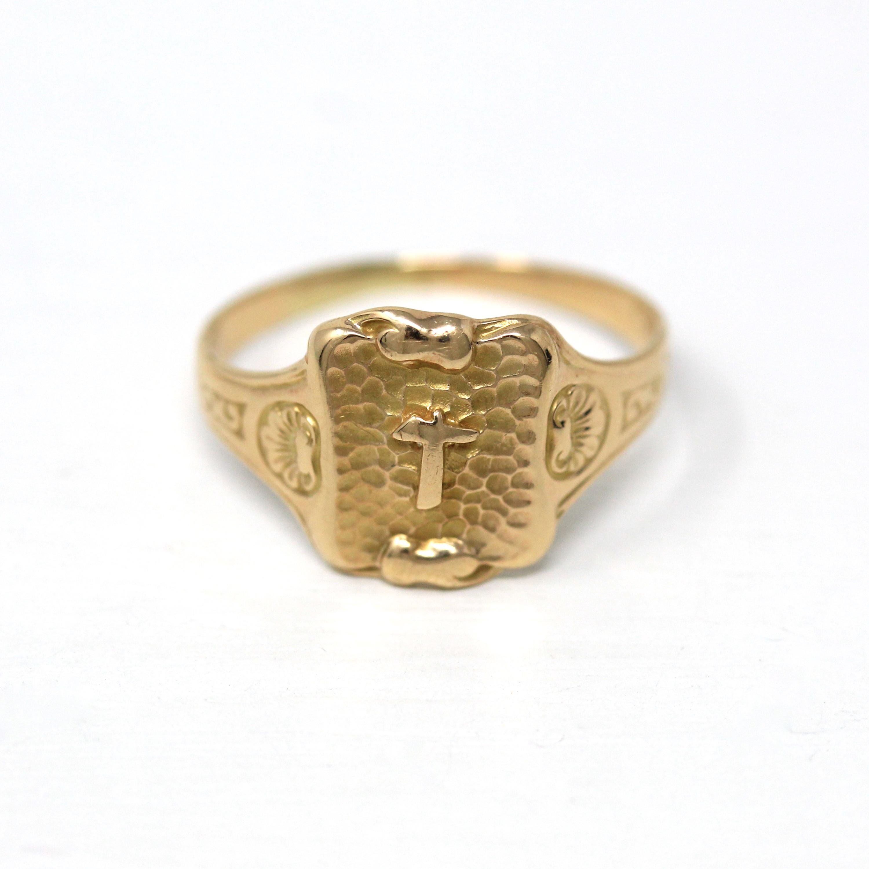 Letter "T" Ring - Art Deco 14k Yellow Gold Initials Scroll Flower Signet - Vintage Circa 1930s Size 10.25 Statement J.R. Wood Fine Jewelry