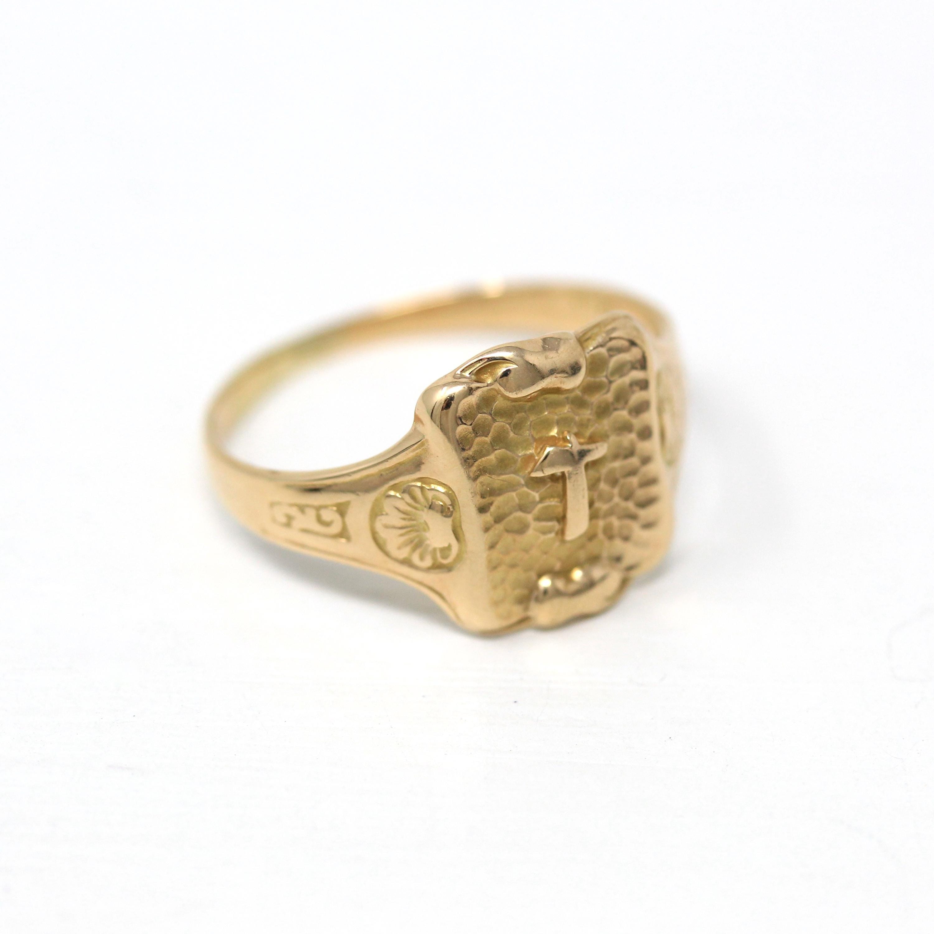 Letter "T" Ring - Art Deco 14k Yellow Gold Initials Scroll Flower Signet - Vintage Circa 1930s Size 10.25 Statement J.R. Wood Fine Jewelry