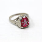 Vintage OES Ring - Art Deco 14k White Gold Created Red Ruby Stone - Circa 1930s Era Size 5 1/4 Order Of The Eastern Star Filigree Jewelry