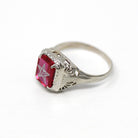 Vintage OES Ring - Art Deco 14k White Gold Created Red Ruby Stone - Circa 1930s Era Size 5 1/4 Order Of The Eastern Star Filigree Jewelry