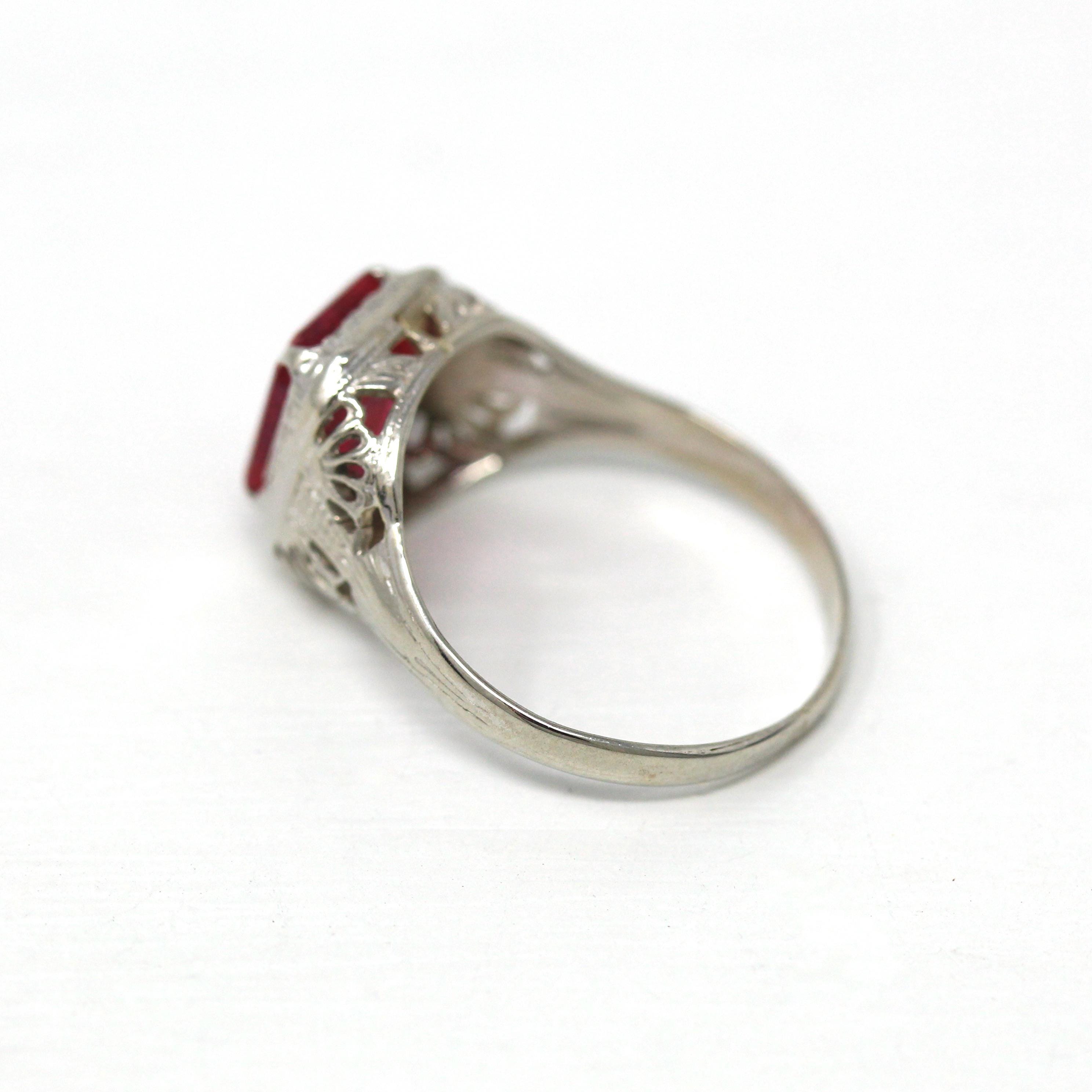 Vintage OES Ring - Art Deco 14k White Gold Created Red Ruby Stone - Circa 1930s Era Size 5 1/4 Order Of The Eastern Star Filigree Jewelry