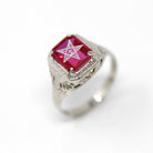 Vintage OES Ring - Art Deco 14k White Gold Created Red Ruby Stone - Circa 1930s Era Size 5 1/4 Order Of The Eastern Star Filigree Jewelry