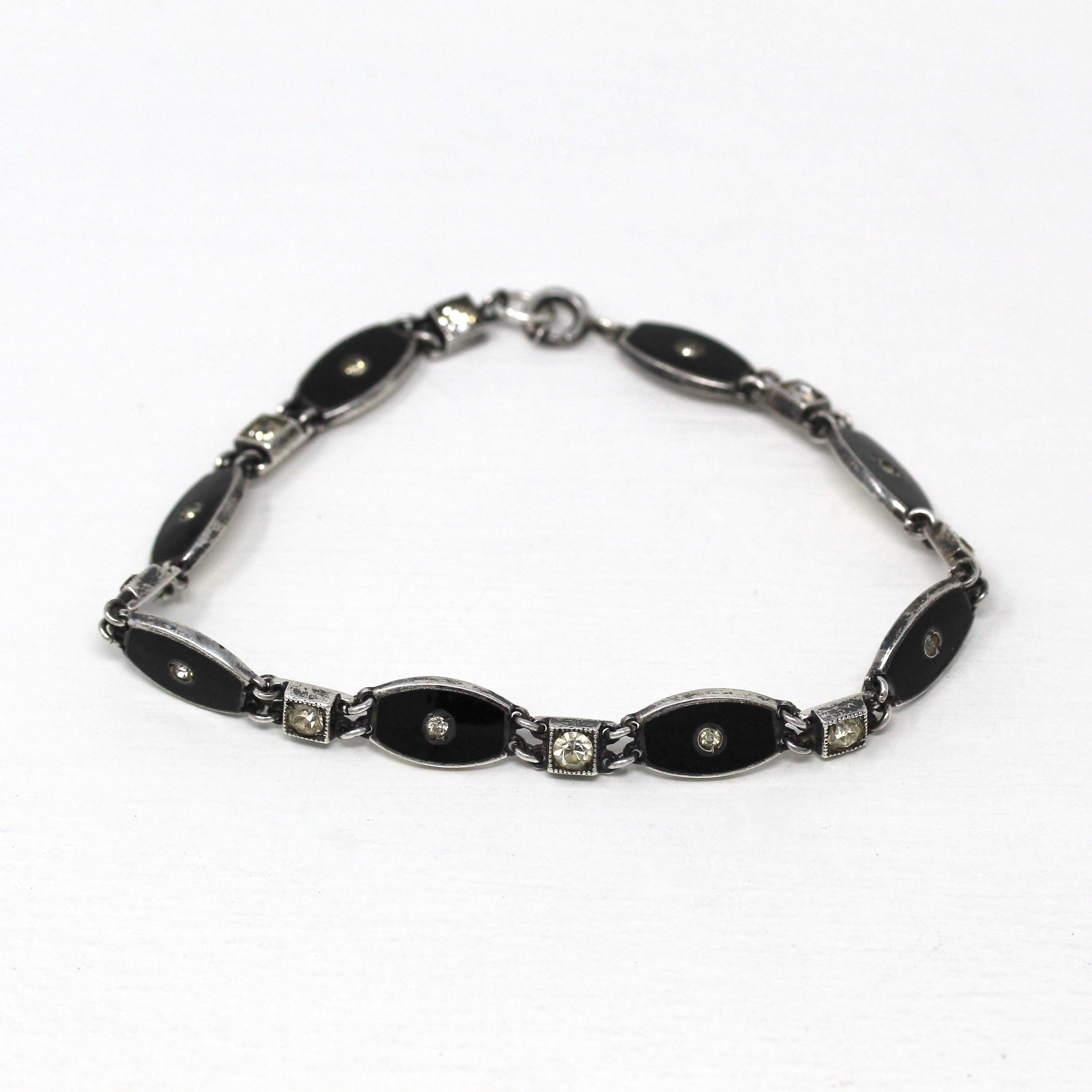 Art Deco Bracelet - Vintage Sterling Silver Black Enamel Panel & Rhinestone Statement - Circa 1930s Geometric Fashion Accessory 30s Jewelry