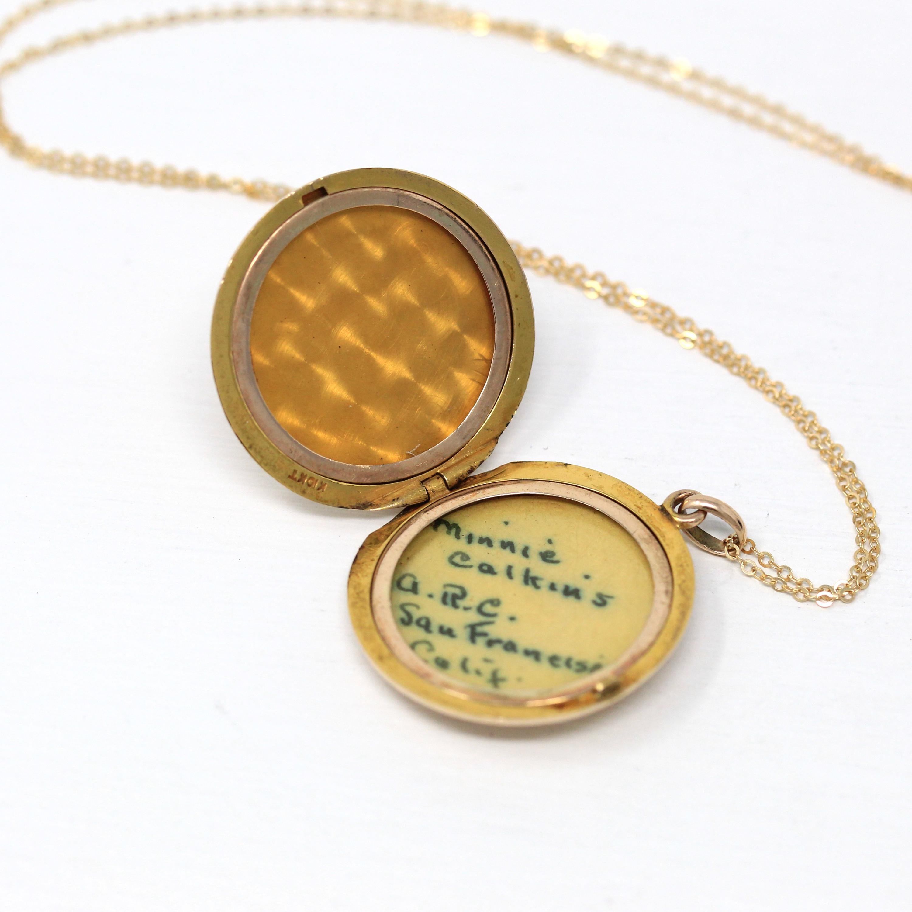 Antique "MC" Locket - Edwardian 10k Solid Gold Round Engraved Letter Initial Necklace - Circa 1910s Vintage Photograph Keepsake Fine Jewelry