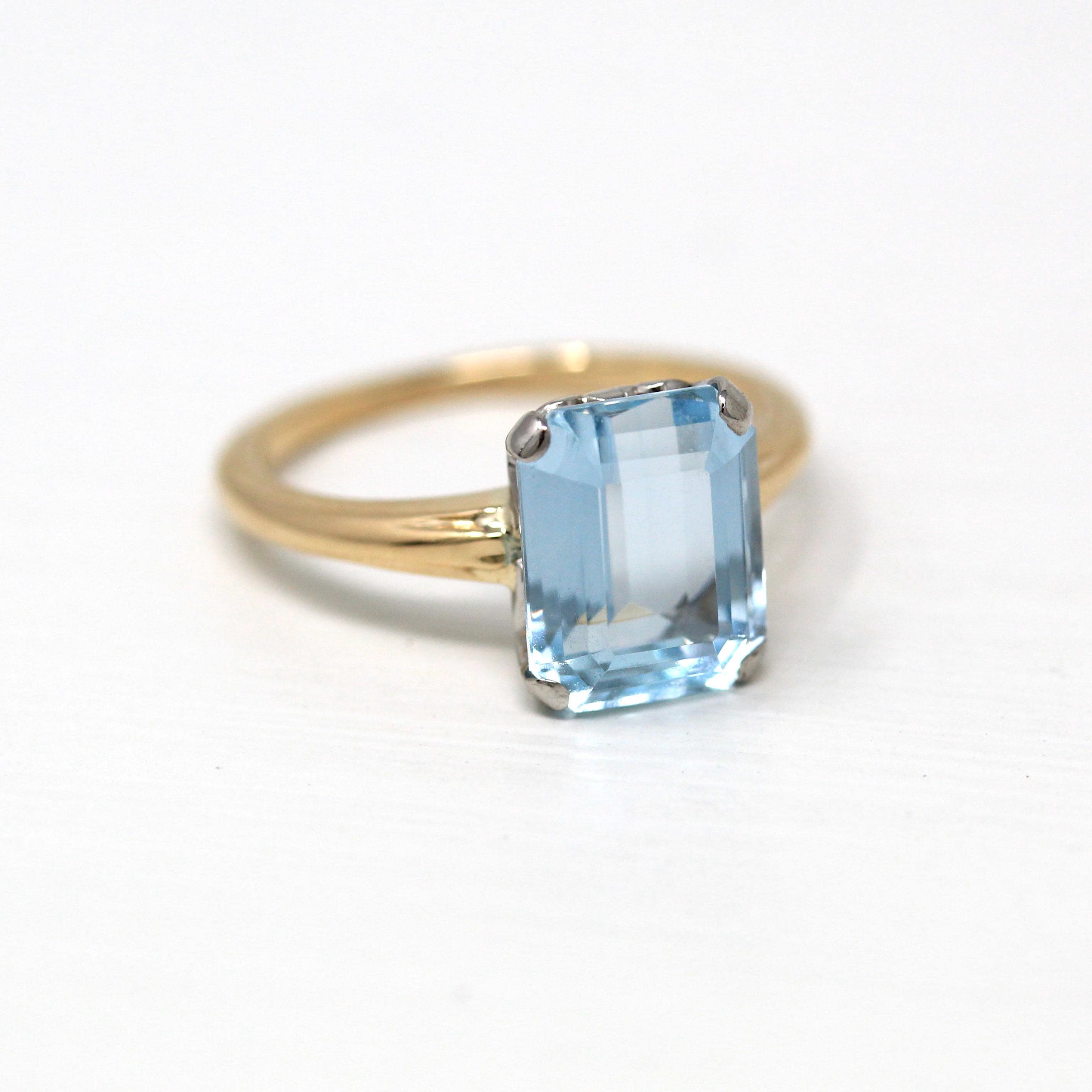 Aquamarine Solitaire Ring Vintage 14k Yellow Gold Palladium Genuine 2.9 CT Blue Gem Circa 1940s Retro Size 5.75 Engagement Fine Jewelry