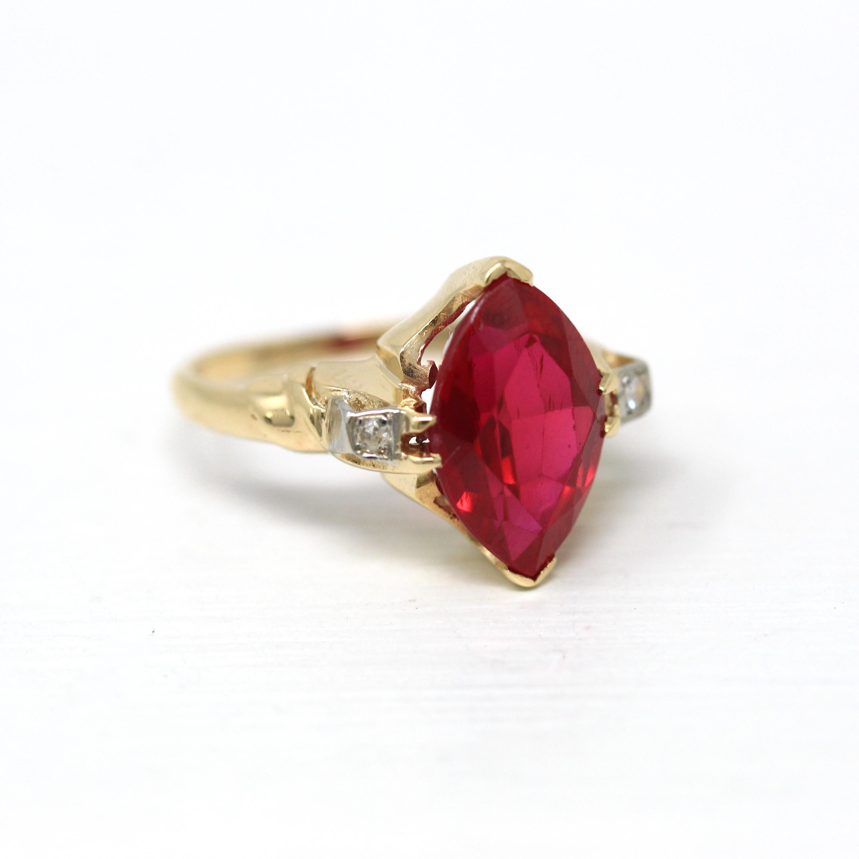 Created Ruby Ring - Retro Era 14k Yellow Gold 2.91 Ct Created Red Stone & Diamond Statement - Circa 1940s Size 4.5 Vintage Fine 40s Jewelry