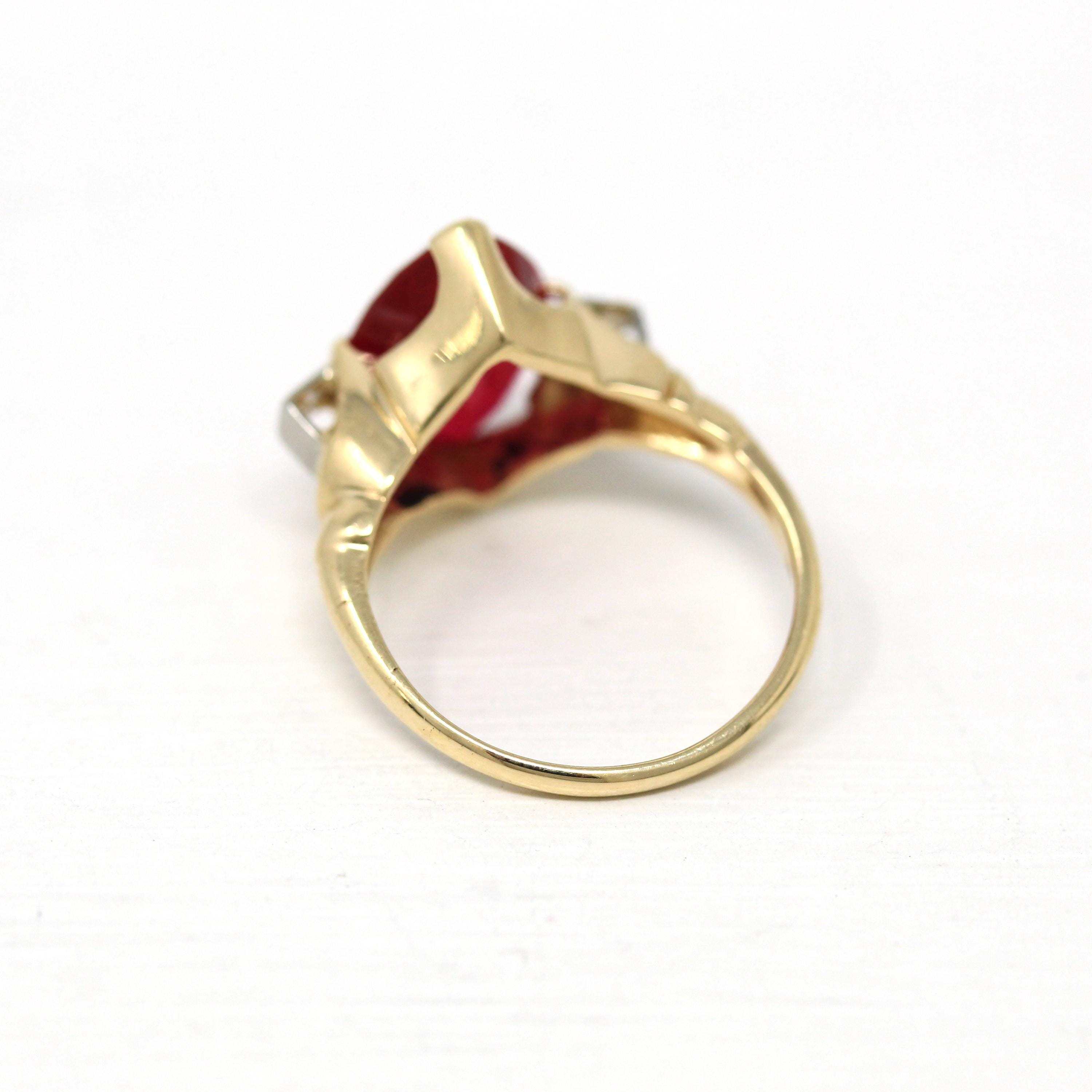 Created Ruby Ring - Retro Era 14k Yellow Gold 2.91 Ct Created Red Stone & Diamond Statement - Circa 1940s Size 4.5 Vintage Fine 40s Jewelry