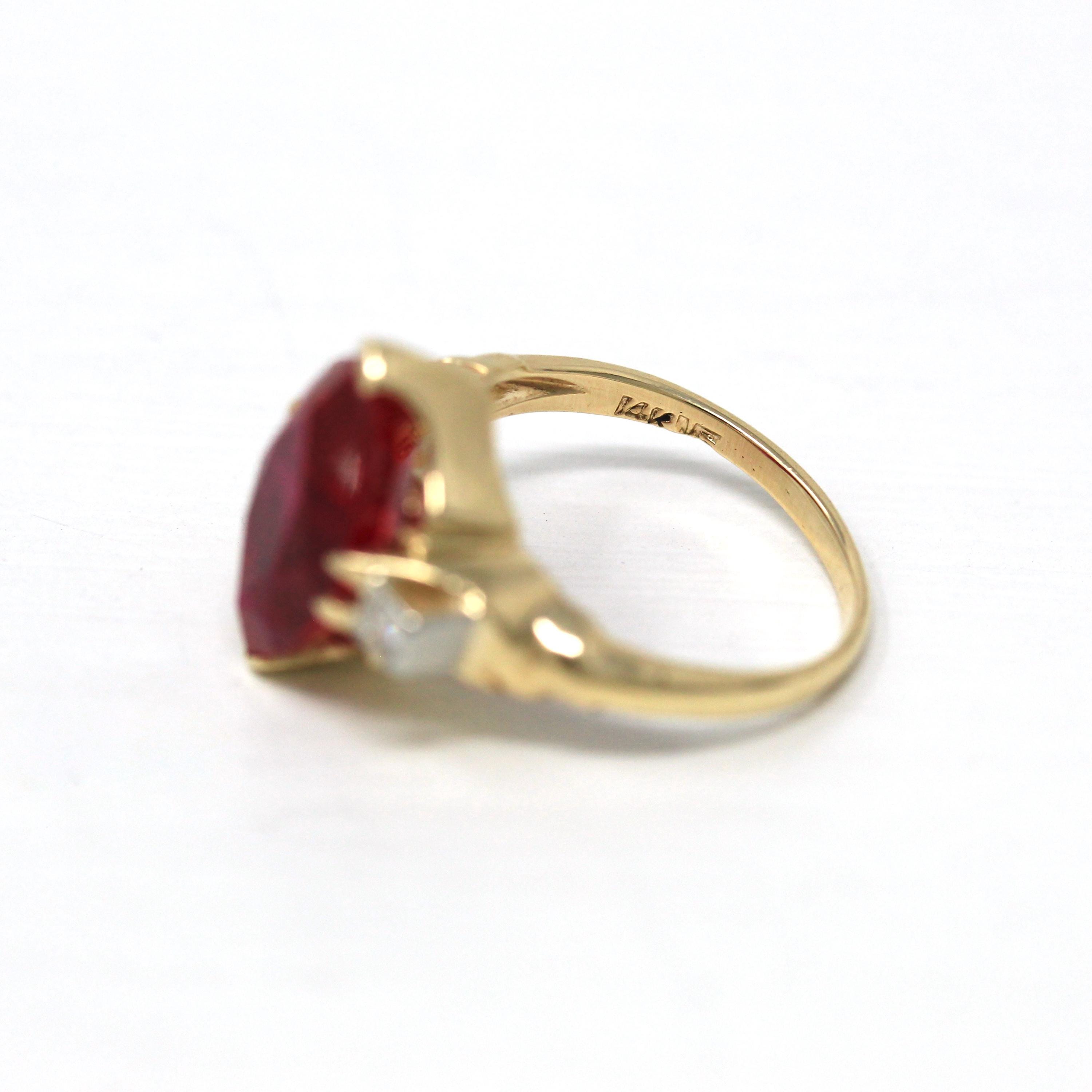 Created Ruby Ring - Retro Era 14k Yellow Gold 2.91 Ct Created Red Stone & Diamond Statement - Circa 1940s Size 4.5 Vintage Fine 40s Jewelry