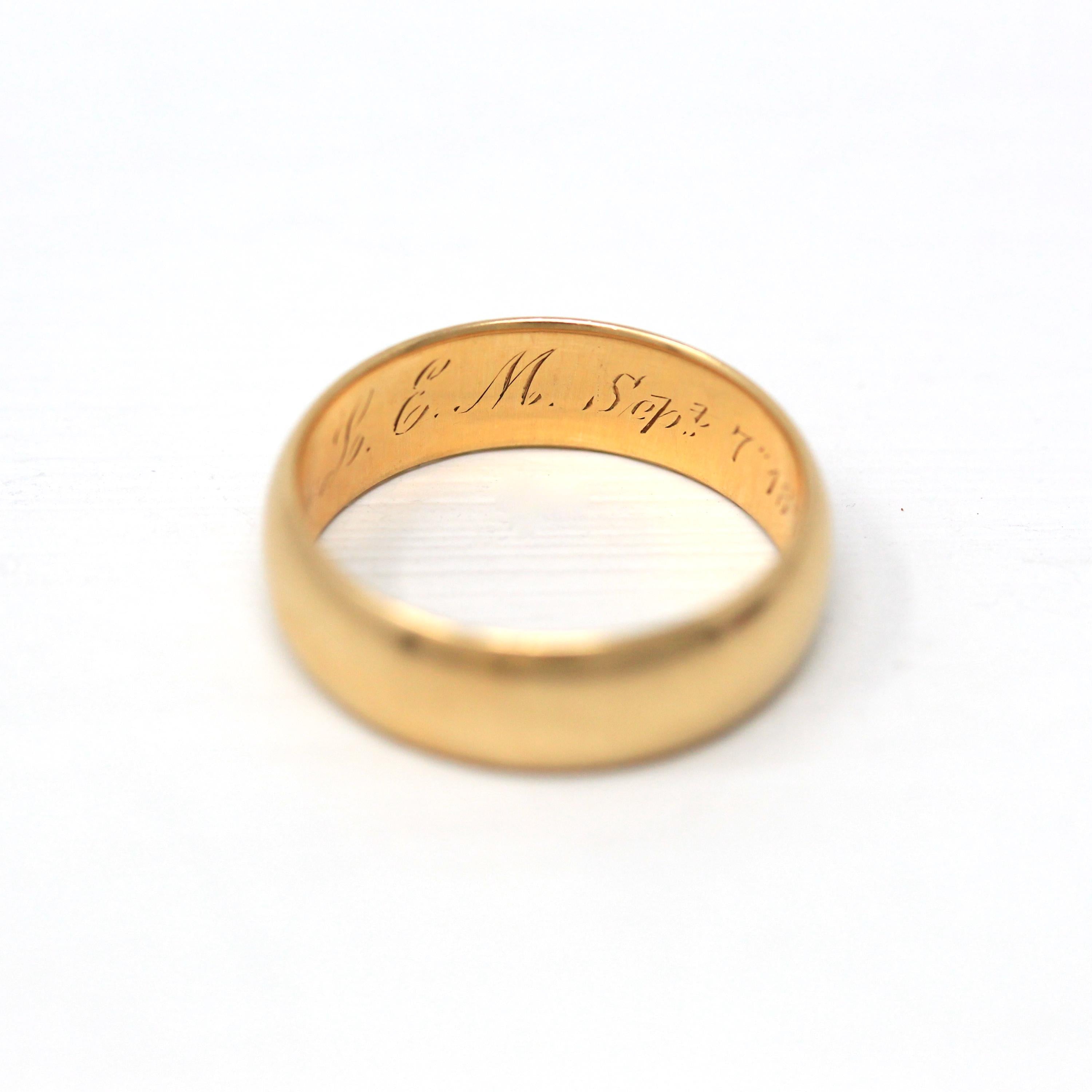 Dated 1870 Band - Victorian 18k Yellow Gold Engraved "G.I.F. to L.E.M. Sept. 7" 1870." Ring - Antique Size 5 Unisex Wedding Fine Jewelry