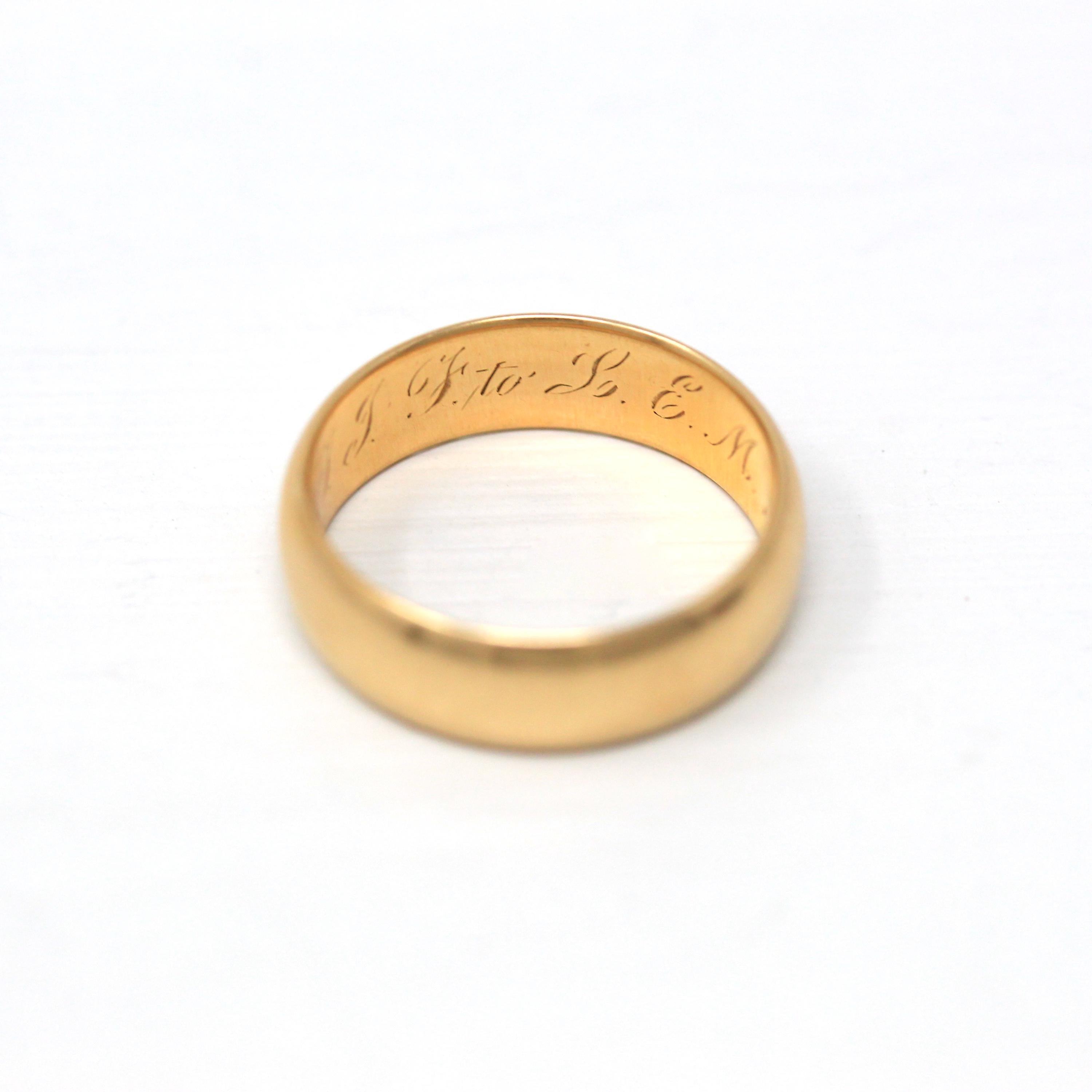 Dated 1870 Band - Victorian 18k Yellow Gold Engraved "G.I.F. to L.E.M. Sept. 7" 1870." Ring - Antique Size 5 Unisex Wedding Fine Jewelry