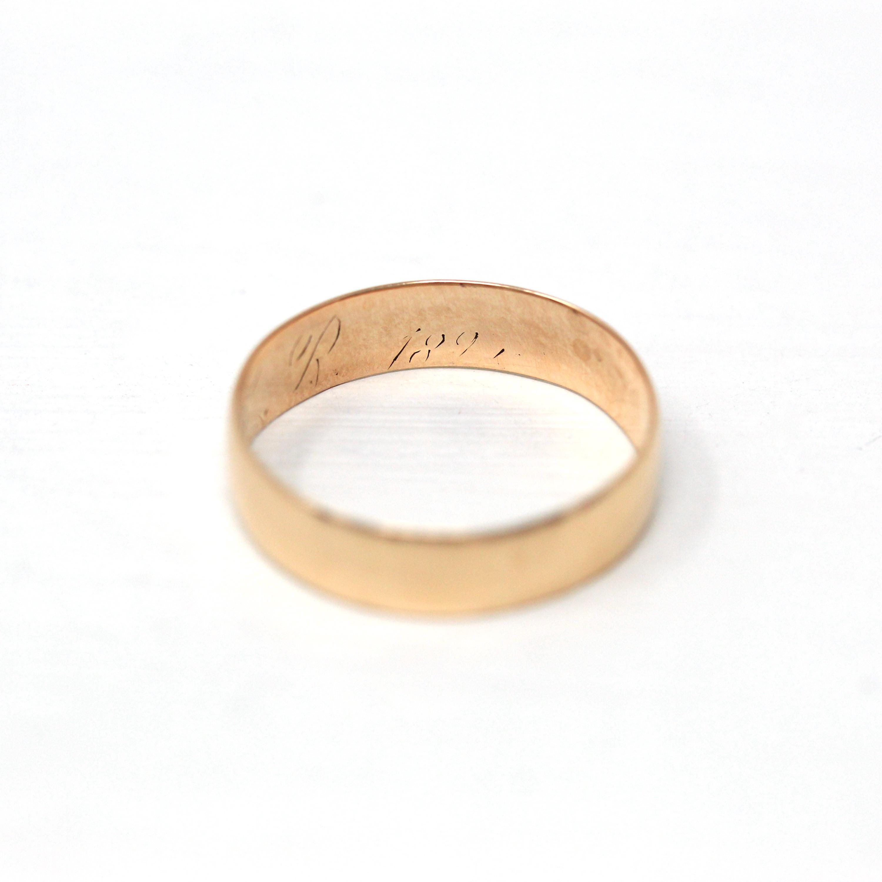 Dated 1891 Band - Victorian 18k Rose Gold Engraved Initials Letters Date Ring - Antique Size 8 1/2 Wedding Statement Unisex Fine Jewelry