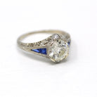 Art Deco Engagement Ring - Vintage 18k White Gold Old European Cut 1.97 Ct Diamond & Sapphires - Circa 1920s Size 7.5 Fine Jewelry w/ Report