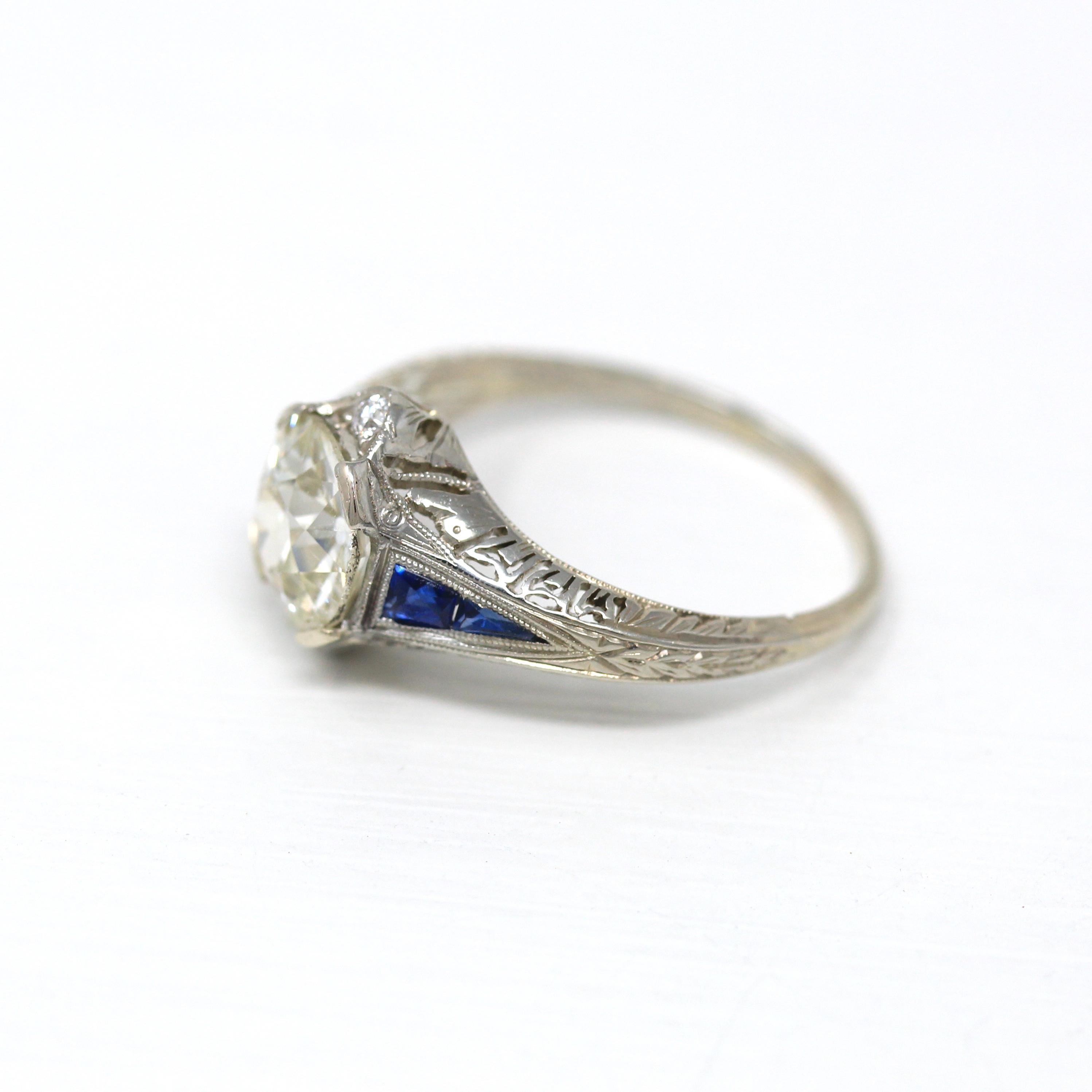 Art Deco Engagement Ring - Vintage 18k White Gold Old European Cut 1.97 Ct Diamond & Sapphires - Circa 1920s Size 7.5 Fine Jewelry w/ Report