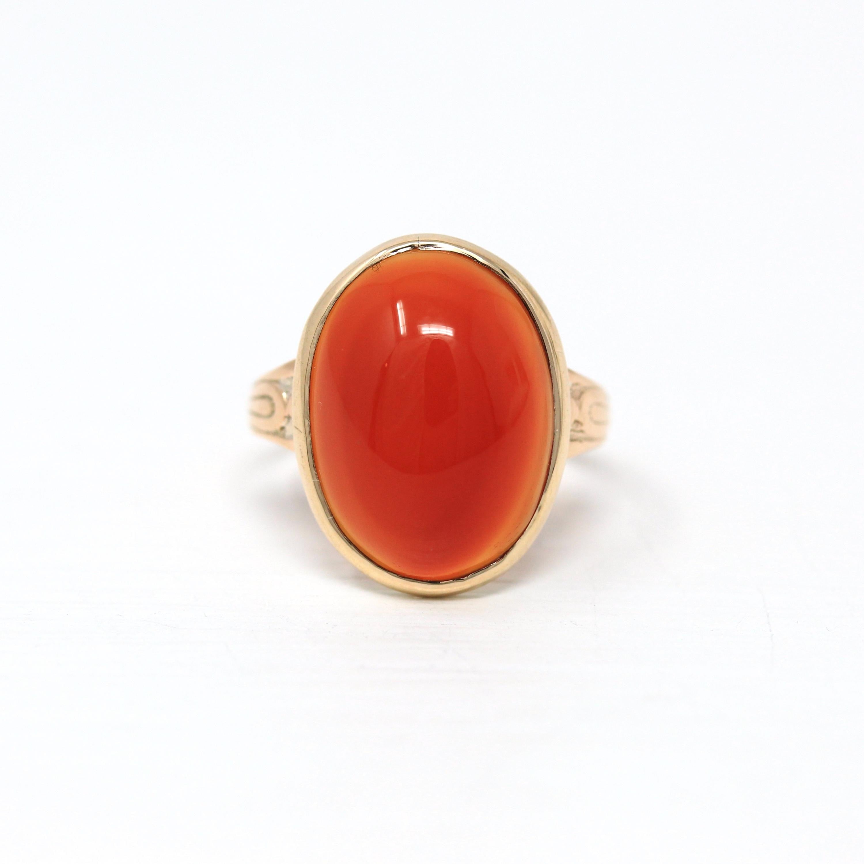 Genuine Carnelian Ring - Edwardian 10k Yellow Gold Oval Cabochon Cut Gemstone - Antique Circa 1900s Era Size 7 Statement Fine Jewelry