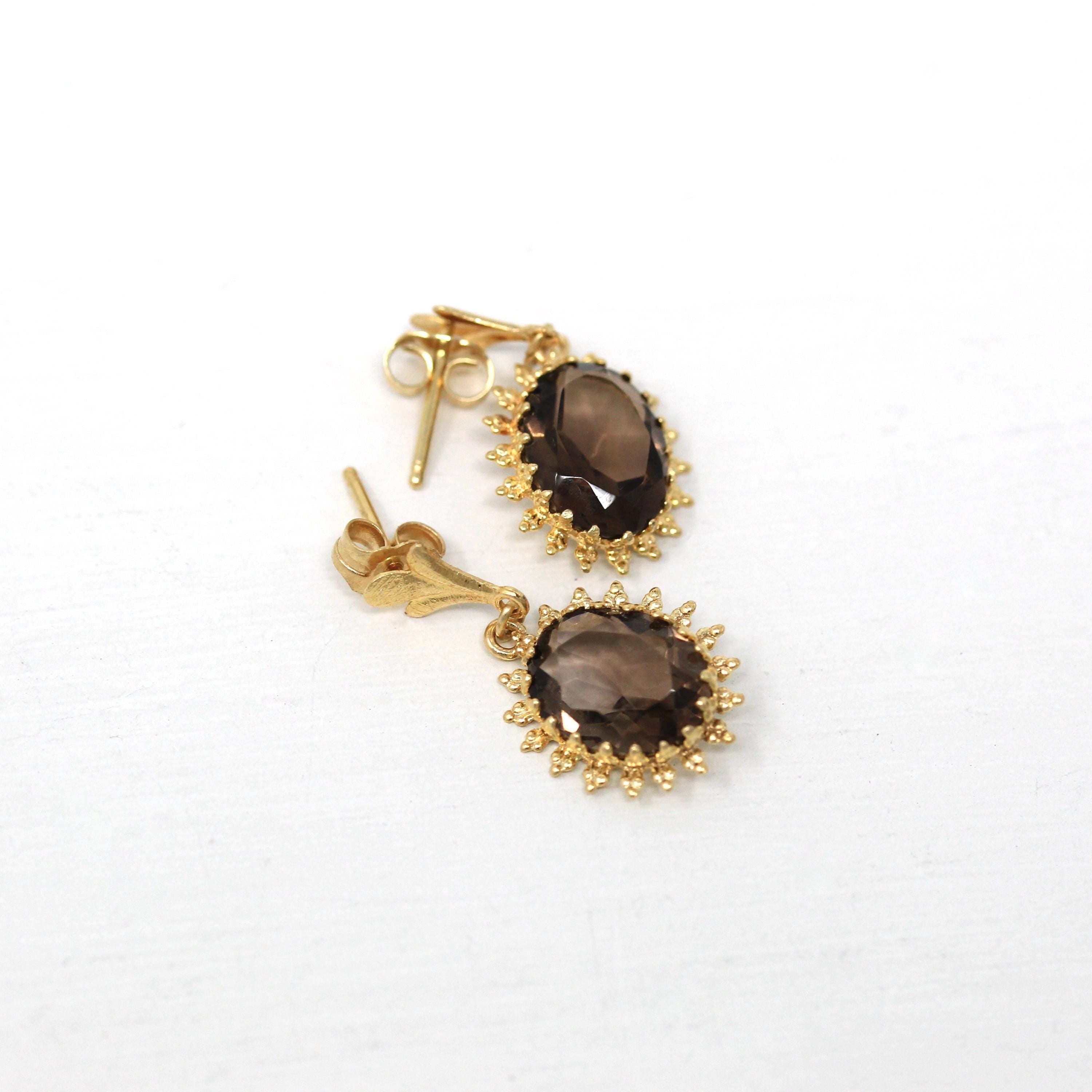 Smoky Quartz Earrings - Retro 14k Yellow Gold Pierced Push Back Dangle Drop - Vintage Circa 1970s Era Genuine Brown Gemstone Fine Jewelry