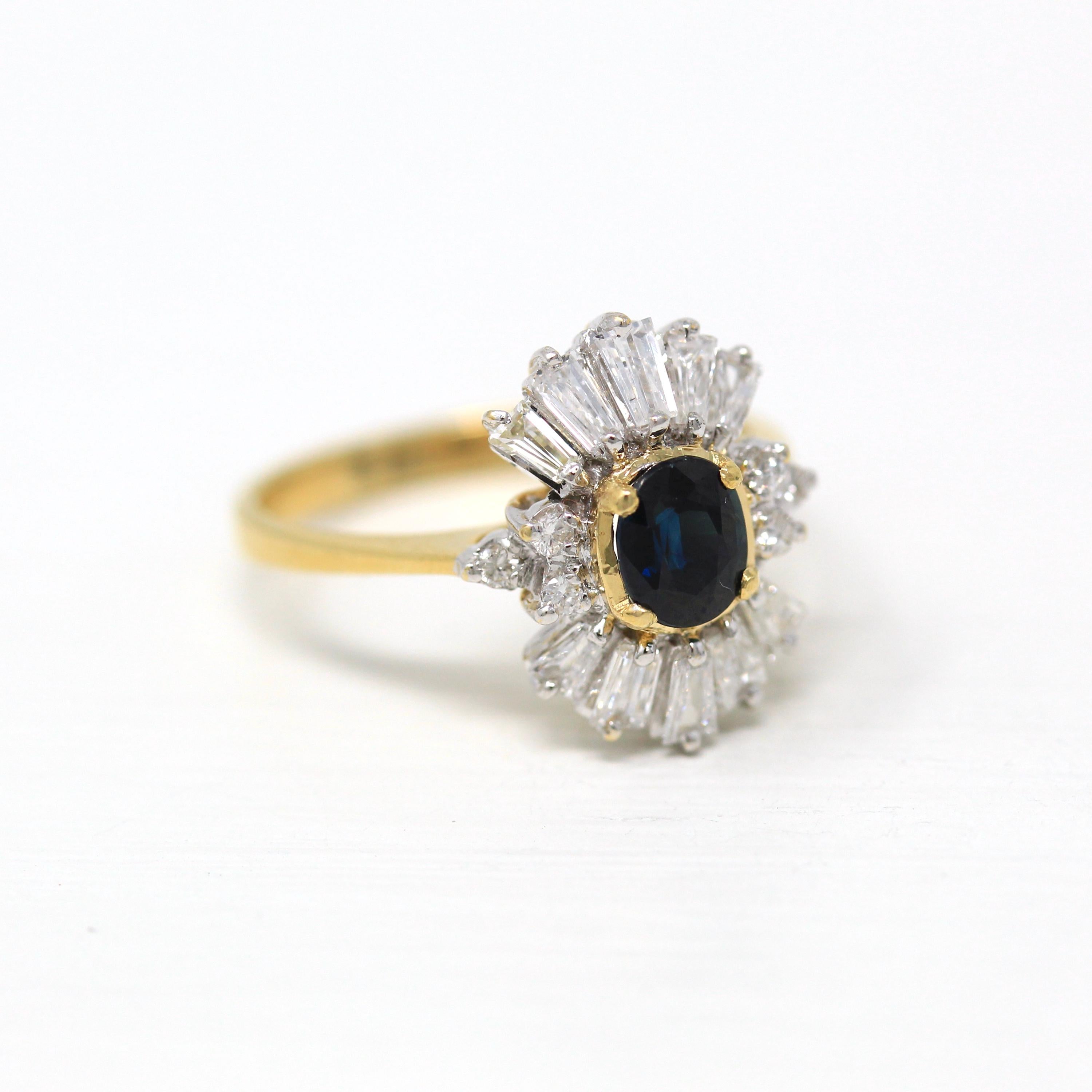 Sapphire & Diamond Ring - 1980s Estate 14k Yellow White Gold .75 Carat Blue Oval Baguette Halo - Engagement Fine Ballerina Report Jewelry