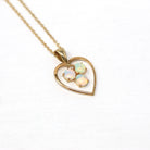 Opal Heart Pendant - Retro 18k Yellow Gold Clover Charm Necklace - Vintage Circa 1960s Era October Birthstone Fine Genuine Gemstones Jewelry