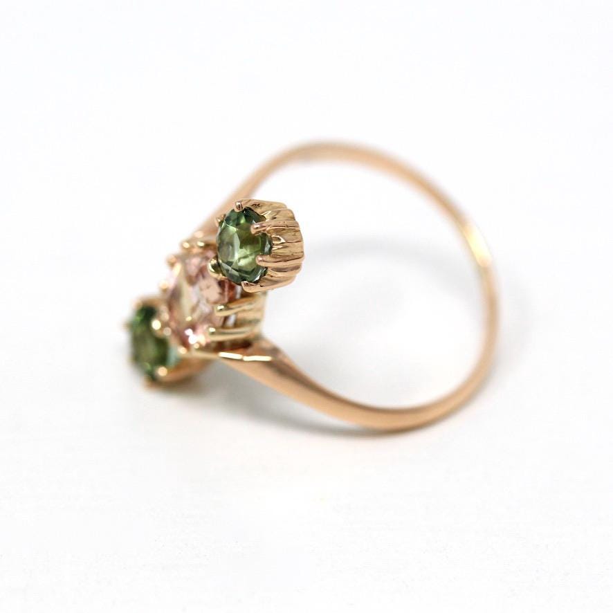 Pink & Green Tourmaline Ring - Modern Estate 18k Rose Gold Three Stone Ring - Size 6 3/4 Navette Cocktail Fine Jewelry w/ Qualitative Report