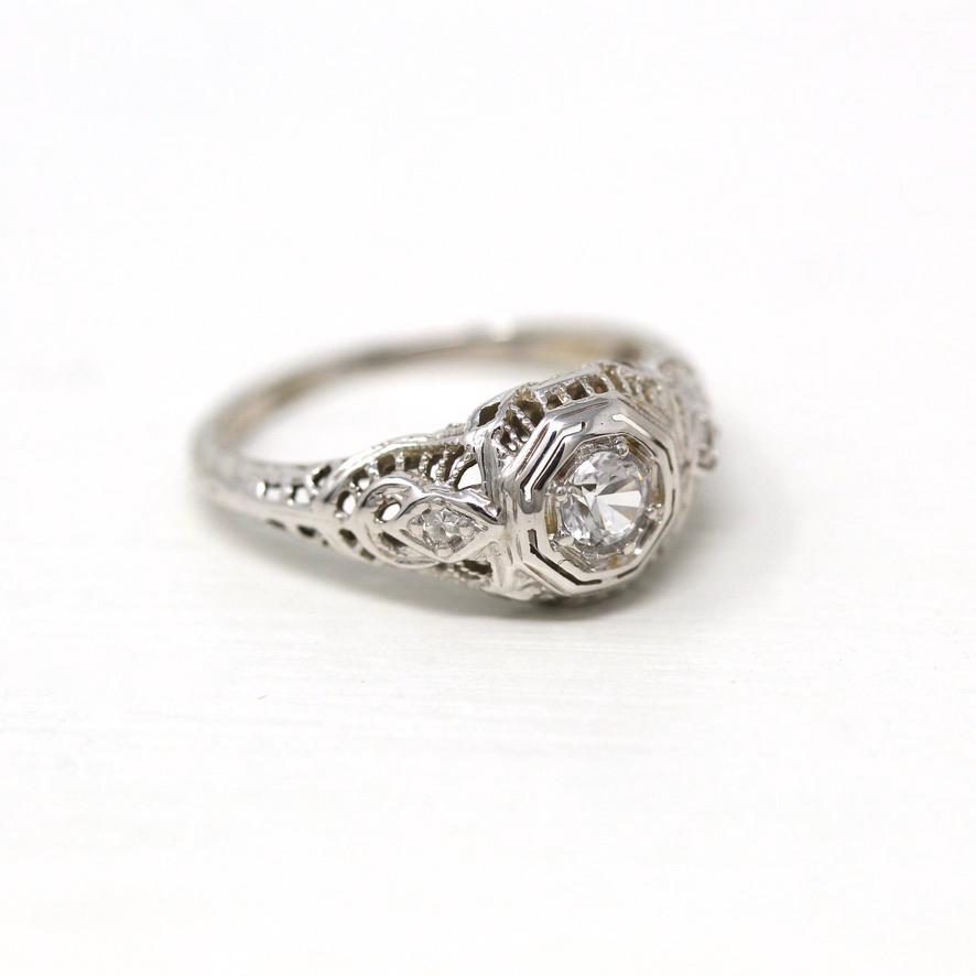 White Sapphire Ring - 18k White Gold Filigree Engagement Fine Jewelry - Vintage 1930 Size 5 1/4 Wedding Diamond Bridal Jewelry