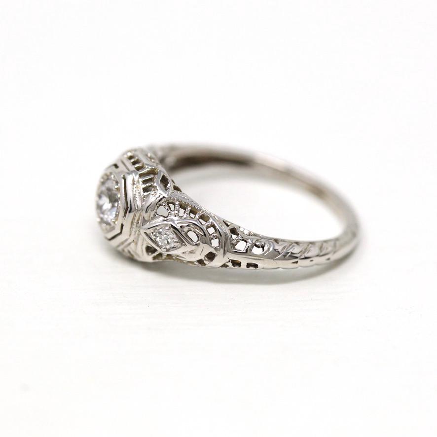 White Sapphire Ring - 18k White Gold Filigree Engagement Fine Jewelry - Vintage 1930 Size 5 1/4 Wedding Diamond Bridal Jewelry