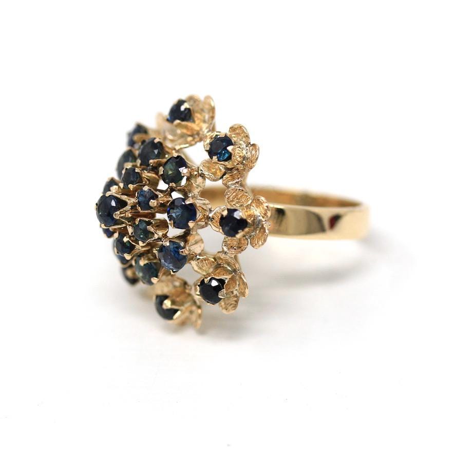 Thai Princess Ring - Retro 10k Yellow Gold Genuine Blue Sapphire Flower Faceted Gems - Vintage Circa 1960s Size 6.5 Statement Fine Jewelry