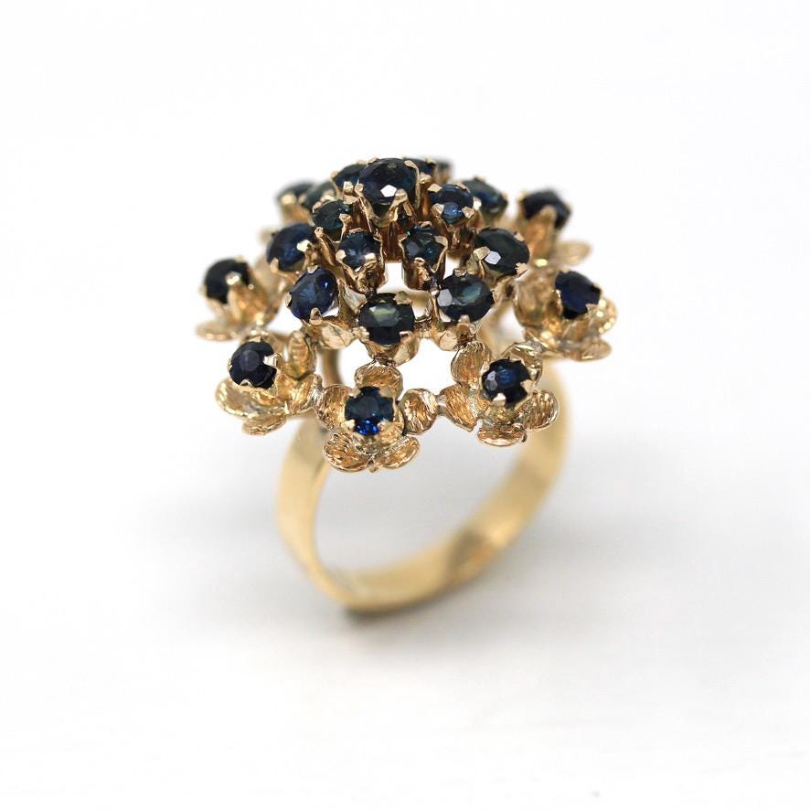 Thai Princess Ring - Retro 10k Yellow Gold Genuine Blue Sapphire Flower Faceted Gems - Vintage Circa 1960s Size 6.5 Statement Fine Jewelry