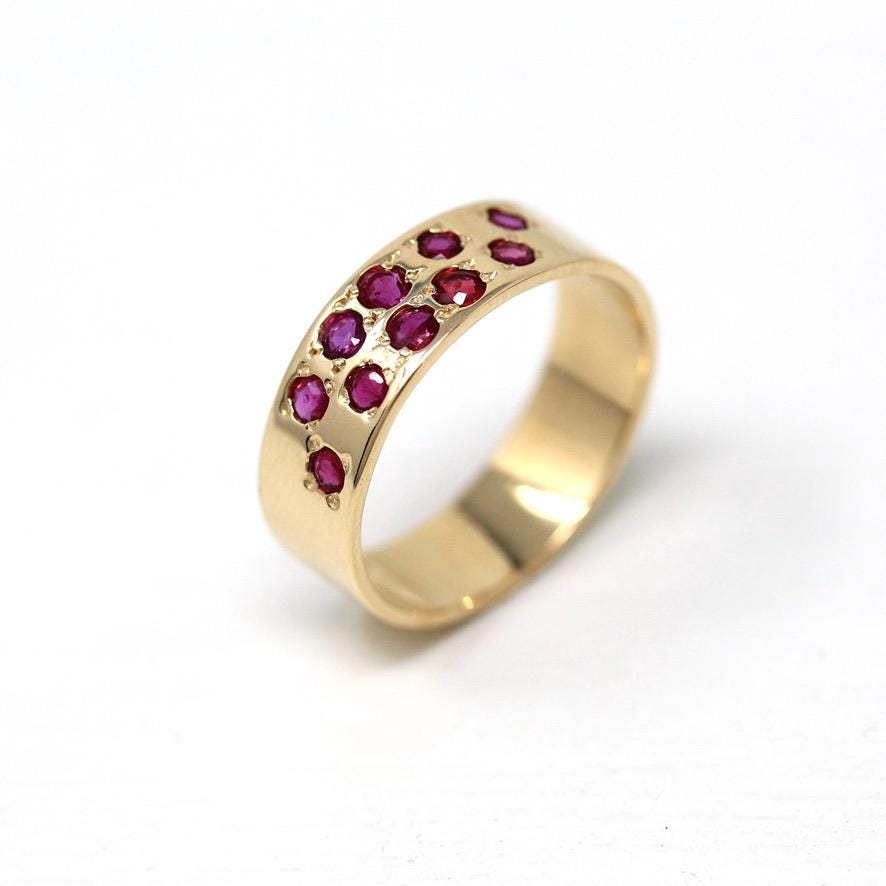 Retro Statement Band - Vintage 14k Yellow Gold & Genuine Round Ruby Gemstone Ring - Size 6.5 1960s Cigar Gem Band Stacking Fine Jewelry