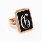 Letter "G" Ring - Victorian 14k Rose Gold Genuine Black & White Onyx Old English Initial - Circa 1890s Era Size 8 1/2 Statement Fine Jewelry