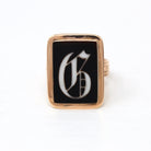 Letter "G" Ring - Victorian 14k Rose Gold Genuine Black & White Onyx Old English Initial - Circa 1890s Era Size 8 1/2 Statement Fine Jewelry