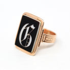 Letter "G" Ring - Victorian 14k Rose Gold Genuine Black & White Onyx Old English Initial - Circa 1890s Era Size 8 1/2 Statement Fine Jewelry