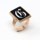 Letter "G" Ring - Victorian 14k Rose Gold Genuine Black & White Onyx Old English Initial - Circa 1890s Era Size 8 1/2 Statement Fine Jewelry