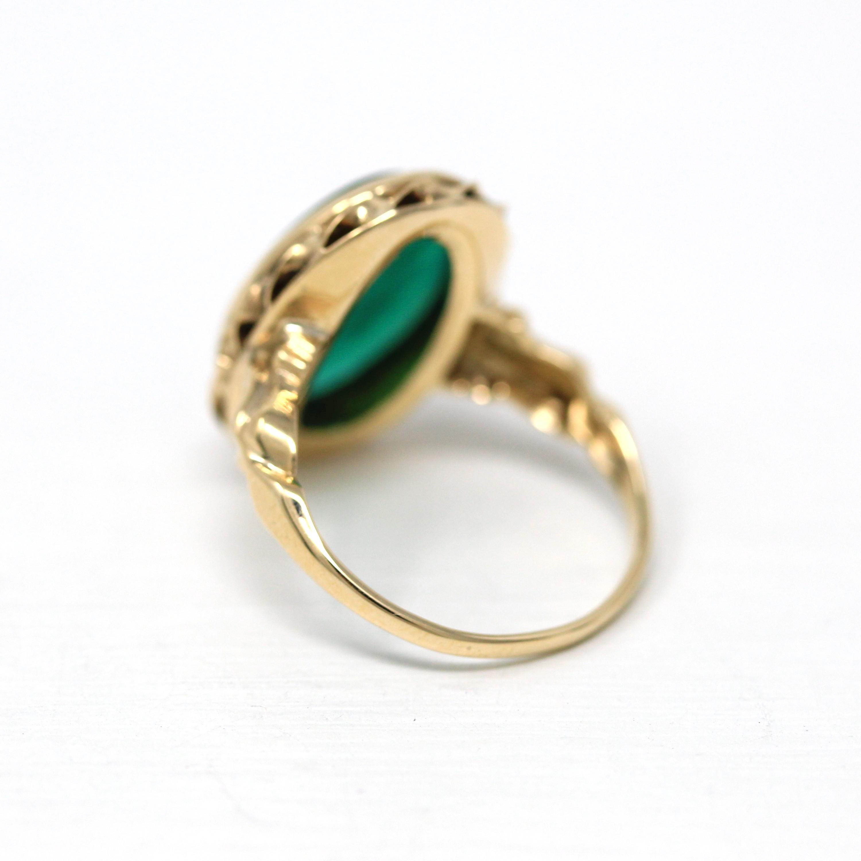 Vintage Intaglio Ring - Retro 10k Yellow Gold Carved Green Glass Warrior - Circa 1940s Era Size 6 Statement Ostby & Barton Fine 60s Jewelry