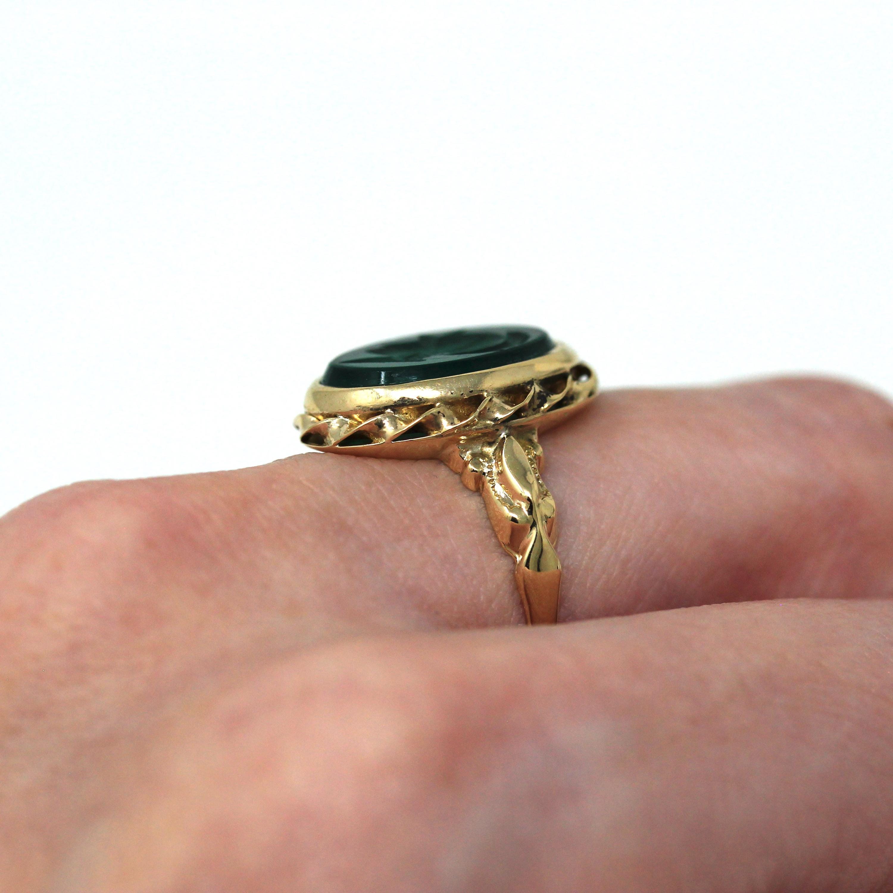 Vintage Intaglio Ring - Retro 10k Yellow Gold Carved Green Glass Warrior - Circa 1940s Era Size 6 Statement Ostby & Barton Fine 60s Jewelry