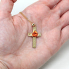 Created Orange Sapphire Cross Necklace - Modern 14k Yellow Gold Trilliant Cut Orange Pendant Charm - Estate Religious Faith Fine Jewelry