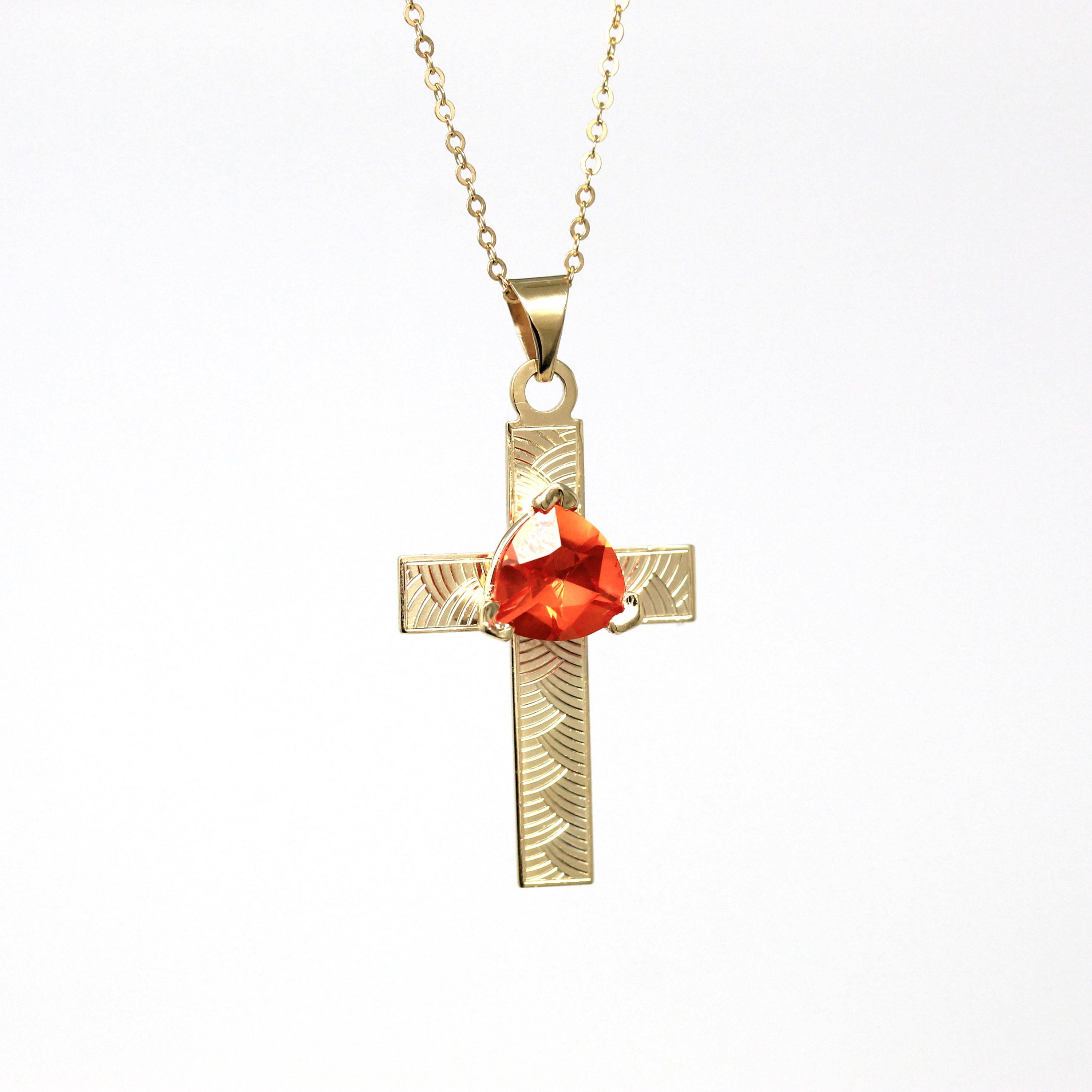 Created Orange Sapphire Cross Necklace - Modern 14k Yellow Gold Trilliant Cut Orange Pendant Charm - Estate Religious Faith Fine Jewelry