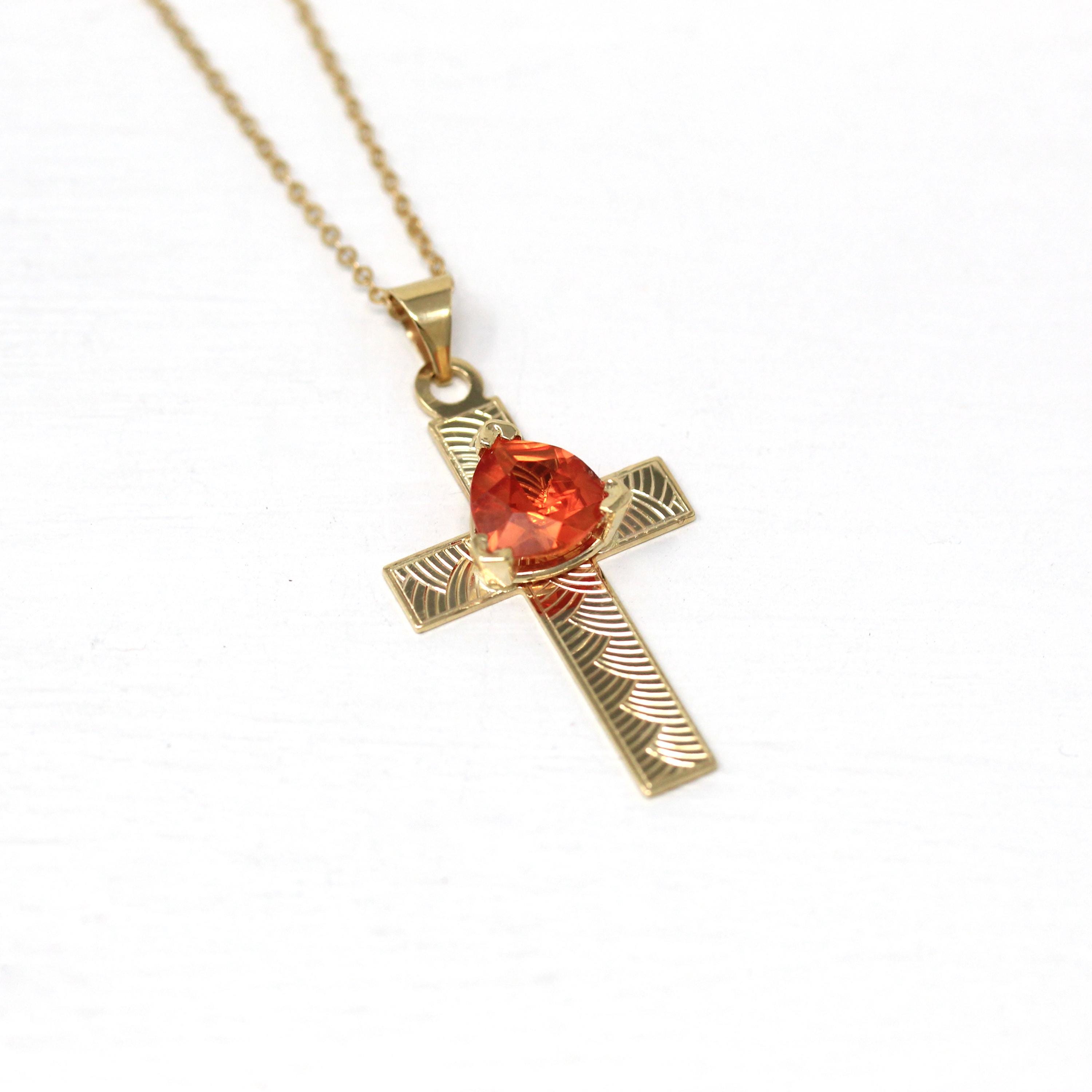 Created Orange Sapphire Cross Necklace - Modern 14k Yellow Gold Trilliant Cut Orange Pendant Charm - Estate Religious Faith Fine Jewelry