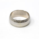 Vintage Ring Band - Retro 14k White Gold Eternity Etched Designs - Circa 1960s Era Size 6.5 Statement Stacking Cigar Style 60s Fine Jewelry