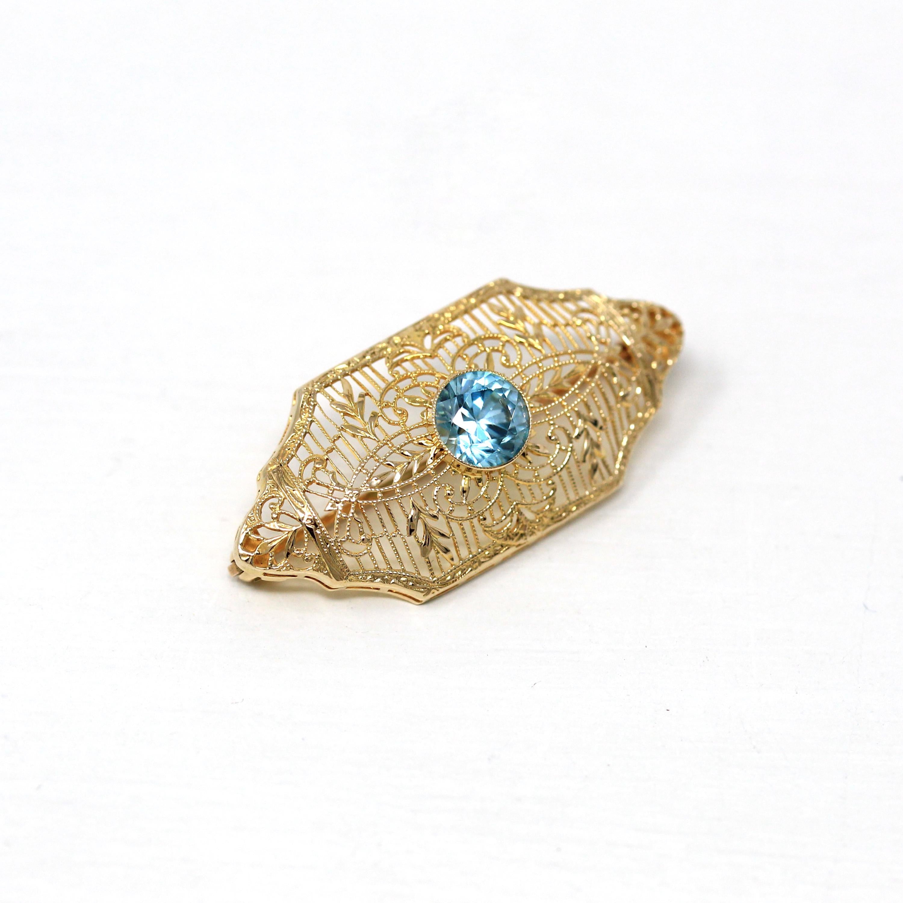 Genuine Zircon Brooch - Retro 10k Yellow Gold Genuine 1.33 CT Blue Gemstone - Vintage Circa 1940s Era Filigree Leaf Statement Pin Jewelry