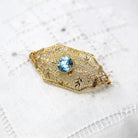 Genuine Zircon Brooch - Retro 10k Yellow Gold Genuine 1.33 CT Blue Gemstone - Vintage Circa 1940s Era Filigree Leaf Statement Pin Jewelry