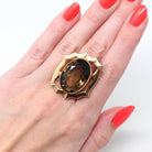 Smoky Quartz Ring - Retro 12k Gold Filled Oval Faceted 23.65 CT Gem - Vintage Circa 1970s Era Size 4 Adjustable Statement Cocktail Jewelry