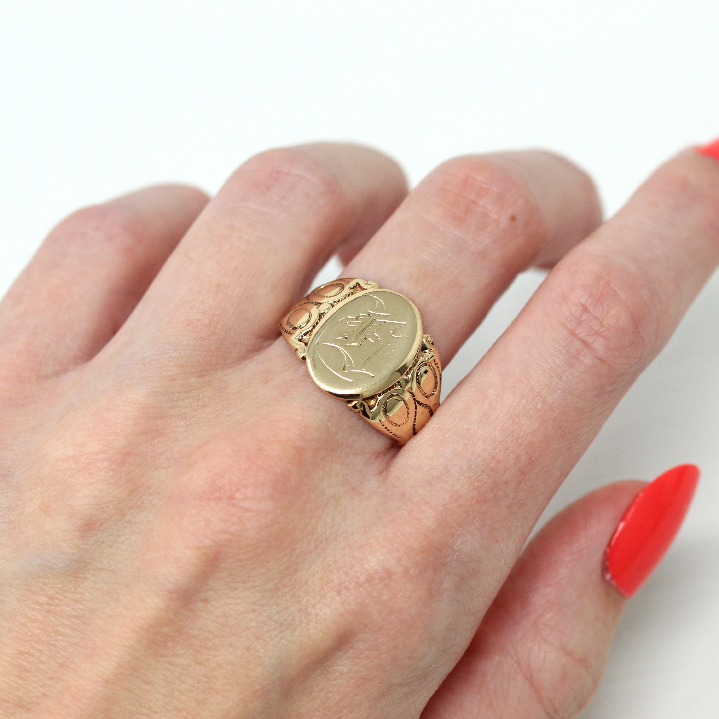Antique Signet Ring Edwardian Era 10k Yellow Gold Statement Initial MJV