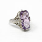 Genuine Amethyst Ring - Art Deco 18k White Gold 5.06 CT Gemstone Flower Filigree - Circa 1930s Era Size 5 3/4 Statement Fine 30s Jewelry