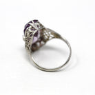 Genuine Amethyst Ring - Art Deco 18k White Gold 5.06 CT Gemstone Flower Filigree - Circa 1930s Era Size 5 3/4 Statement Fine 30s Jewelry